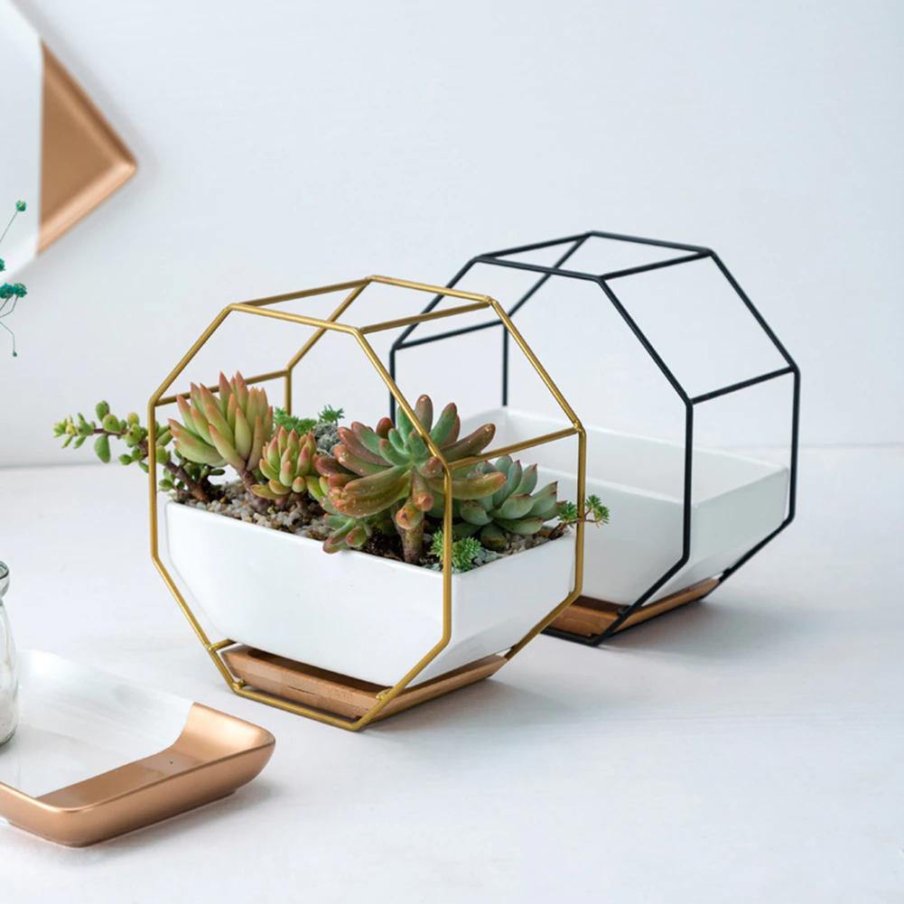 Geometric Ceramic Wall Planter with Octagonal Iron Frame