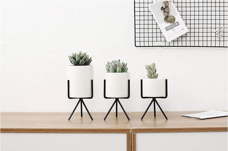 Short Tabletop Ceramic Planter with Geometric Metal Stand