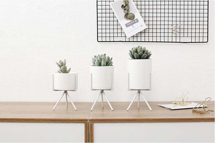 Short Tabletop Ceramic Planter with Geometric Metal Stand